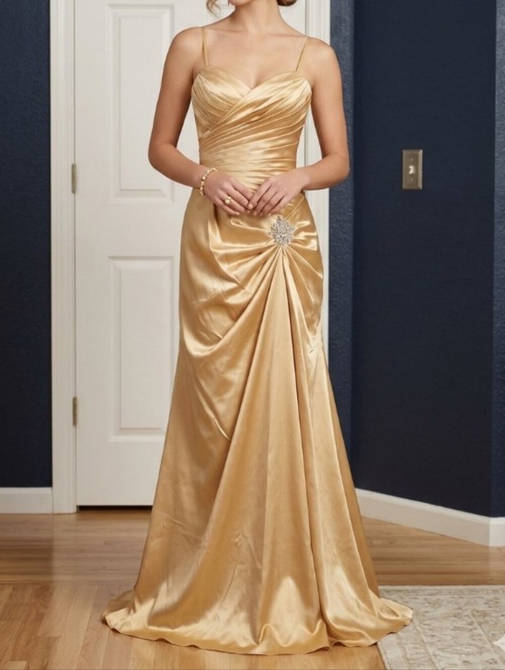 Cinderella Gold Satin Spaghetti Strap Ruched Gown